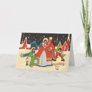 Cartes Pour Fêtes Annuelles Noël vintage, une famille chantant des chants de N