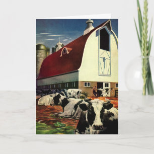 Cartes Pour Fêtes Annuelles Noël vintage, vaches laitières avec grange sur une