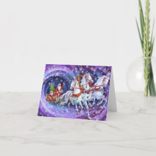 Cartes Pour Fêtes Annuelles Noël Vintage Violet Avec Père Noël Et Chevaux