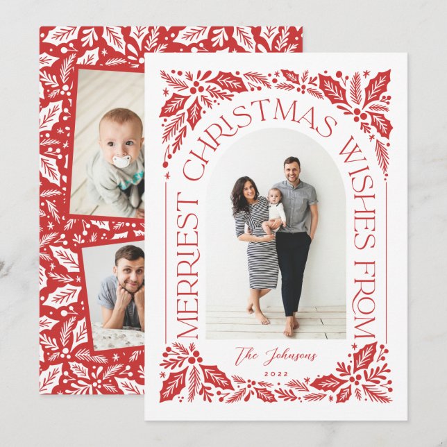 Cartes Pour Fêtes Annuelles Noël Voeux Berry Arch Red 3 Photo Collage (Devant / Derrière)