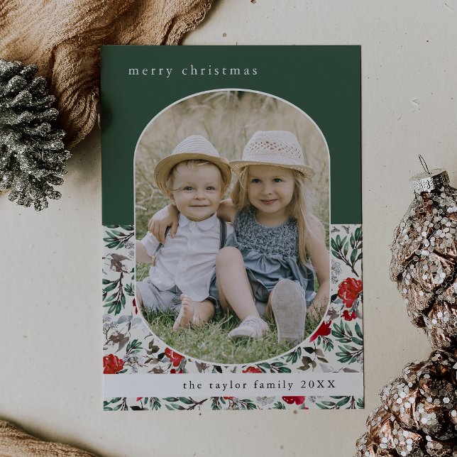 Cartes Pour Fêtes Annuelles NOELLE Green Red Floral Famille Photo Noël (NOELLE Green Red Floral Family Photo Christmas Holiday Card)