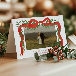 Cartes Pour Fêtes Annuelles Nœud Rouge Élégant avec Photo de Noël en Verdure