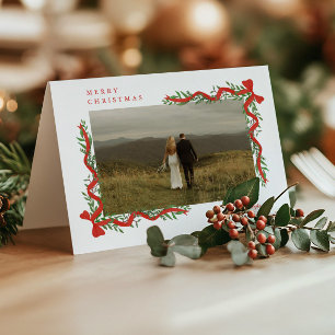 Cartes Pour Fêtes Annuelles Nœud Rouge Élégant avec Photo de Noël et Verdure