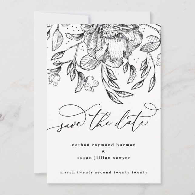 Cartes Pour Fêtes Annuelles Noir Blanc calligraphie florale Enregistrer la car (Devant)