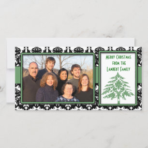 Cartes Pour Fêtes Annuelles Noir & blanc Damas vert Arbre Joyeux Noël