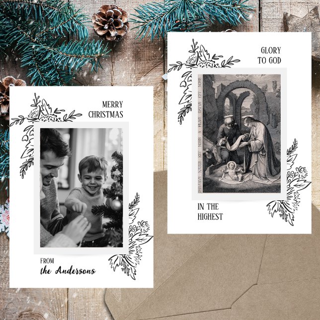 Cartes Pour Fêtes Annuelles Noir blanc minimaliste photo de Noël chrétien (Black and White Minimalistic Simple Religious Christian Catholic Christmas Photo Holiday Card)