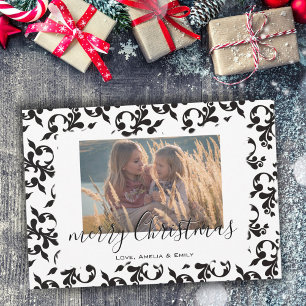 Cartes Pour Fêtes Annuelles Noir blanc Rococo Joyeux Noël Script Photo