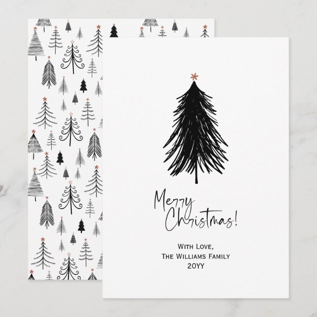 Cartes Pour Fêtes Annuelles Noir Blanc Simple Joyeux Arbre de Noël (Devant / Derrière)