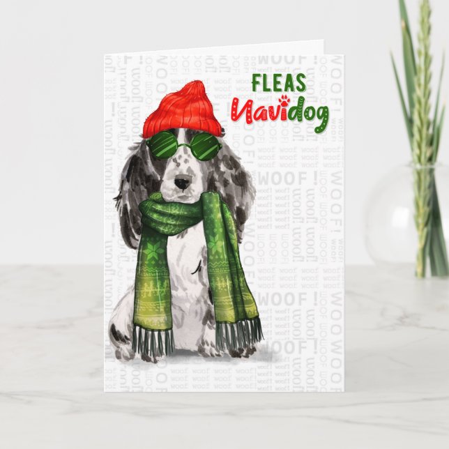 Cartes Pour Fêtes Annuelles Noir Cocker Chien Espagnol Drôle Fleas Navidog (Devant)