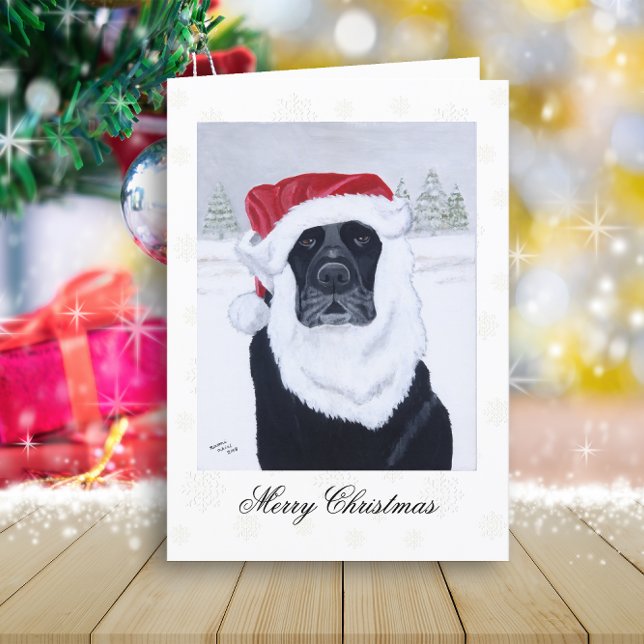 Cartes Pour Fêtes Annuelles Noir de neige Père Noël (Black Labrador Santa and Snow View Design Christmas Cards for Black Labrador Owners.  Snowflakes.)