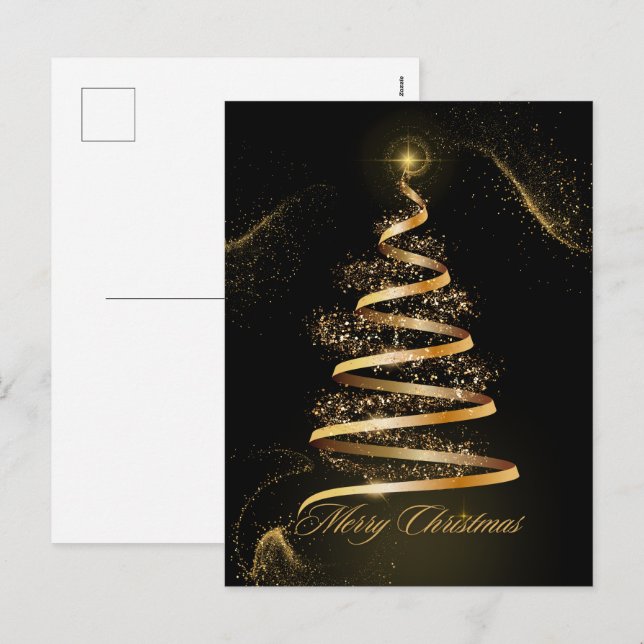 Cartes Pour Fêtes Annuelles noir doré élégant sapin de noël étincelant (Devant / Derrière)