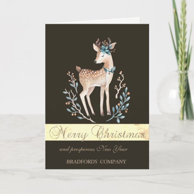 Cartes Pour Fêtes Annuelles Noir élégant, Aquarelle Cerf de Noël (Devant)