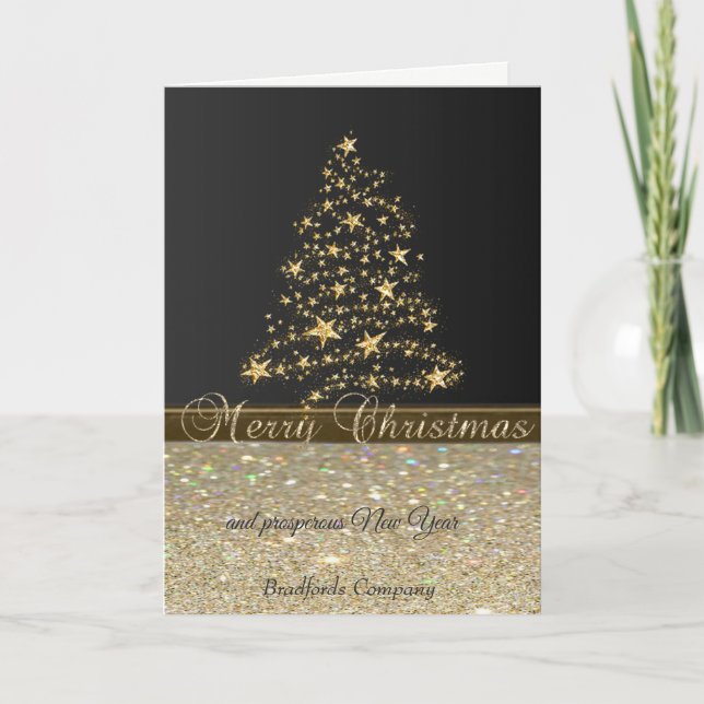 Cartes Pour Fêtes Annuelles Noir élégant, Arbre de Noël, Glitterie, Entreprise (Devant)