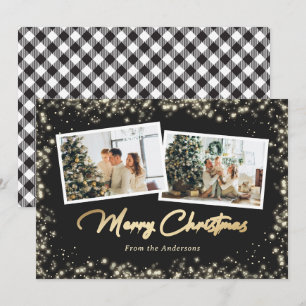 Cartes Pour Fêtes Annuelles Noir et blanc Buffalo Plaid Gold Photo Noël