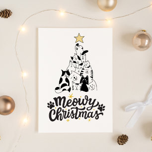 Cartes Pour Fêtes Annuelles Noir et blanc Cat tree Meowy Noël