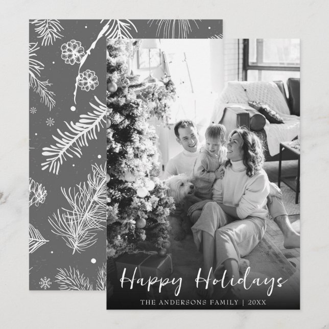 Cartes Pour Fêtes Annuelles Noir Et Blanc Photo De Famille Moderne De Noël (Devant / Derrière)