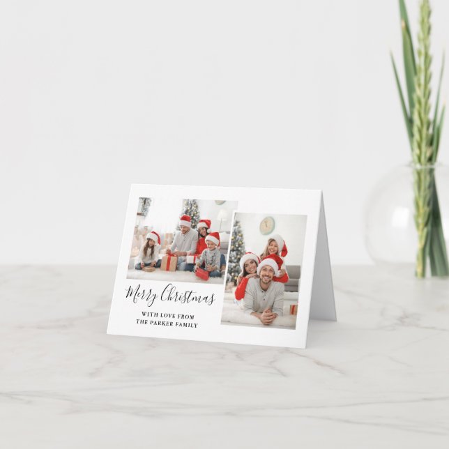 Cartes Pour Fêtes Annuelles Noir et blanc Script Deux photos Joyeux Noël (Devant)
