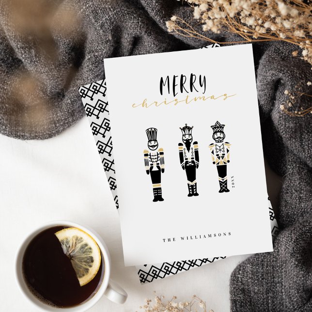 Cartes Pour Fêtes Annuelles Noir et blanc Tendance Abstrait Noisette Noël (Black & White Trendy Abstract Nutcracker Christmas Holiday Card)
