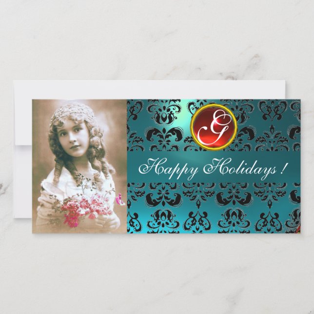 Cartes Pour Fêtes Annuelles NOIR ET BLEU DAMASK Rouleau rouge Monogramme (Devant)