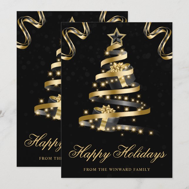 Cartes Pour Fêtes Annuelles Noir et or étincelant Ruban Arbre Noël (Devant / Derrière)