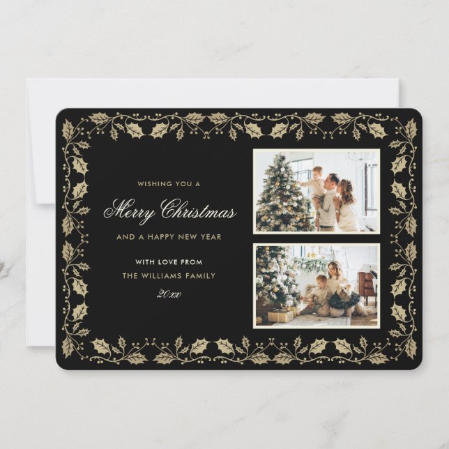 Cartes Pour Fêtes Annuelles Noir et or Holly Photo Noël (Devant)