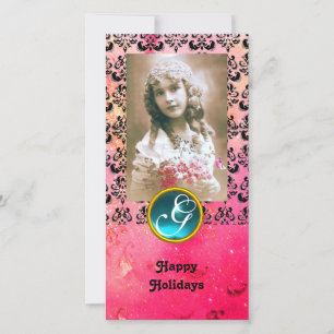Cartes Pour Fêtes Annuelles NOIR ET ROSE DAMASK Blue Aquamarine Monogramme