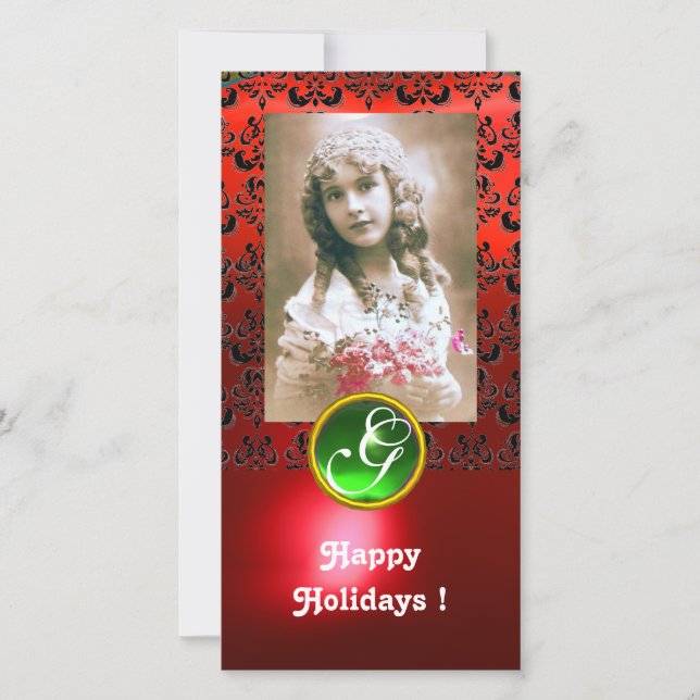Cartes Pour Fêtes Annuelles NOIR ET ROUGE DAMASK Monogramme Émeraude vert (Devant)