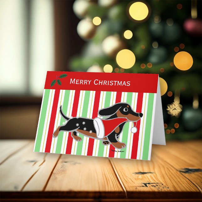 Cartes Pour Fêtes Annuelles Noir et Tan Dachshund Courir Noël (Black and Tan Dachshund Running Design Christmas Cards for Dachshund Owners.  Cute Cartoon Design.)
