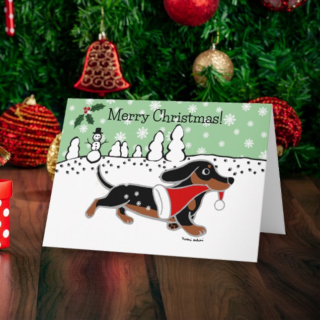 Cartes Pour Fêtes Annuelles Noir et Tan Dachshund Snowflakes Noël (Black and Tan Dachshund Running Snowflakes Design Christmas Cards for Dachshund Owners.)