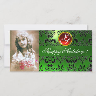 Cartes Pour Fêtes Annuelles NOIR ET VERT DAMASK Rouleau rouge Monogramme