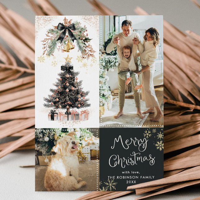 Cartes Pour Fêtes Annuelles Noir foncé moderne Bow Joyeux Noël 2 Photo (Créateur téléchargé)
