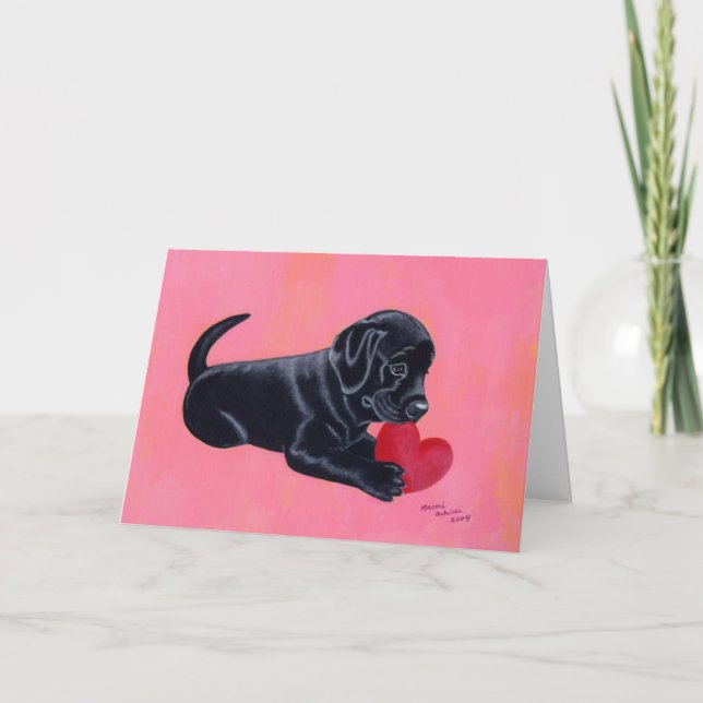 Cartes Pour Fêtes Annuelles Noir Labrador Chiot et Coeur (Devant)