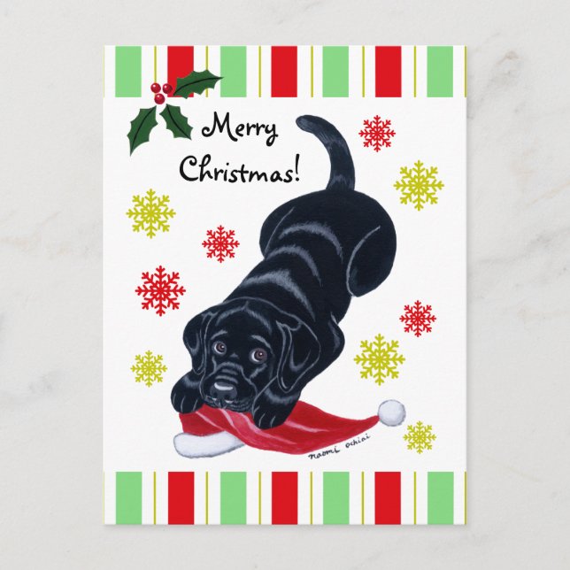 Cartes Pour Fêtes Annuelles Noir Labrador Chiot et Santa Hat Noël (Devant)