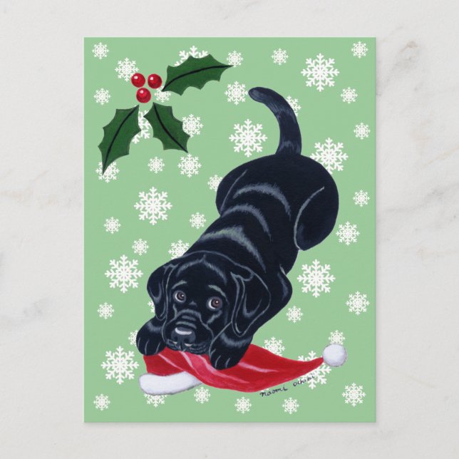 Cartes Pour Fêtes Annuelles Noir Labrador Chiot et Santa Hat Noël (Devant)