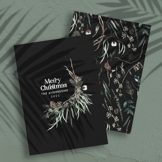 Cartes Pour Fêtes Annuelles Noir moderne élégante aquarelle botanique rustique (Créateur téléchargé)