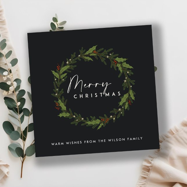 CARTES POUR FÊTES ANNUELLES NOIR MODERNE HOLLY BERRY WREATH MERRY NOËL (Créateur téléchargé)
