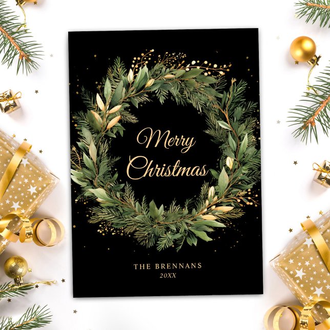 Cartes Pour Fêtes Annuelles Noir moderne Noir Vert de Noël Botanique (Modern Black Gold Christmas Greenery Botanical Holiday Card)