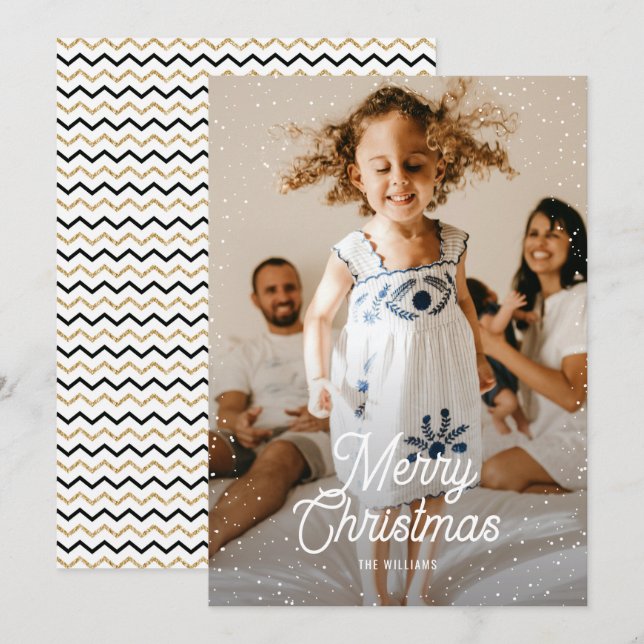 Cartes Pour Fêtes Annuelles Noir or Chevron Neige Famille Photo Noël (Devant / Derrière)