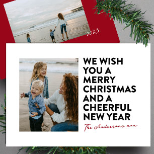 CARTES POUR FÊTES ANNUELLES NOIR ROUGE MODERNE BLANC JOYEUX NOËL & NOUVELLE AN