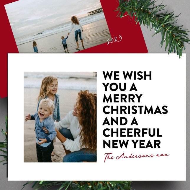 CARTES POUR FÊTES ANNUELLES NOIR ROUGE MODERNE BLANC JOYEUX NOËL & NOUVELLE AN (Créateur téléchargé)