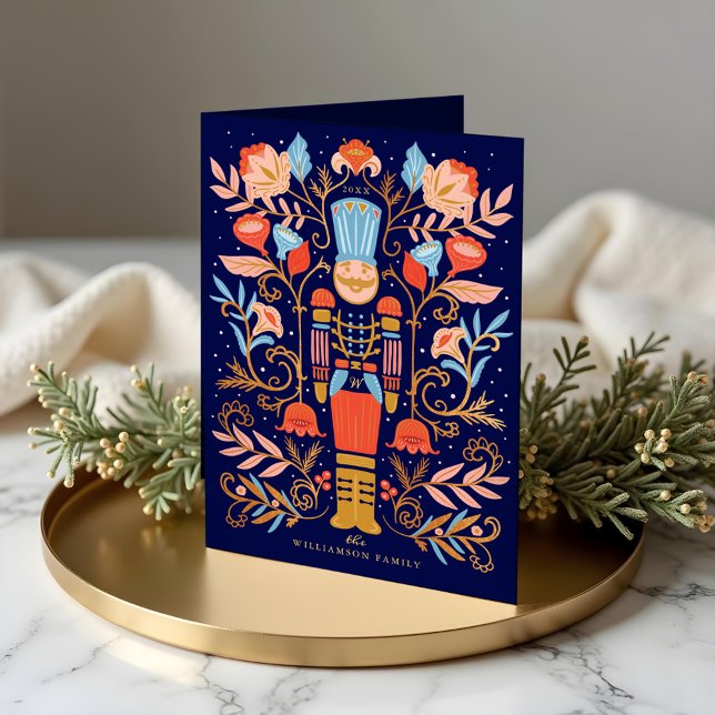 Cartes Pour Fêtes Annuelles Noisette de Noël Floral Folal Art Deep Blue (Christmas Nutcracker Floral Folk Art Deep Blue Holiday Card)