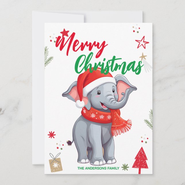 Cartes Pour Fêtes Annuelles Nom de famille de Noël d'arbre de Noël éléphant mi (Devant)