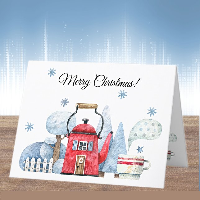 Cartes Pour Fêtes Annuelles Nom, Magic Red Tea Kettle Winter House (Créateur téléchargé)