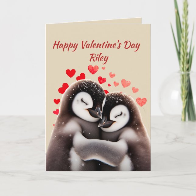 Cartes Pour Fêtes Annuelles Nom personnalisé Aimer mignon Coeurs pingouins (Devant)
