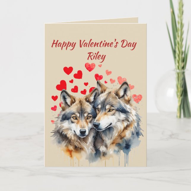 Cartes Pour Fêtes Annuelles Nom personnalisé Aimer mignon Loup Coeurs animaux (Devant)