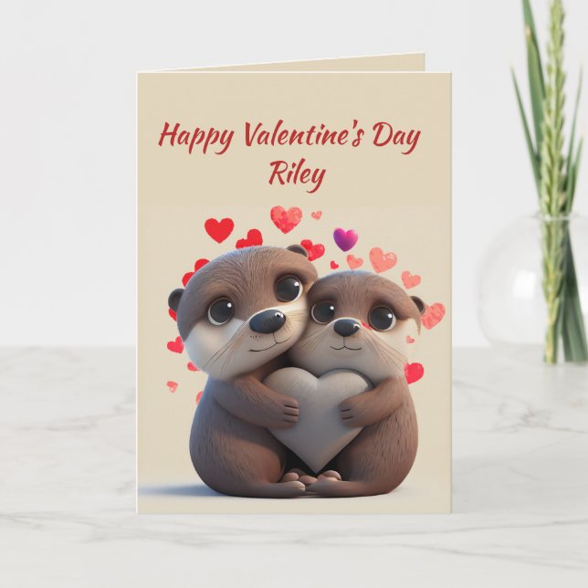 Cartes Pour Fêtes Annuelles Nom personnalisé Amour Mignon Loutre Animaux Cœurs (Devant)
