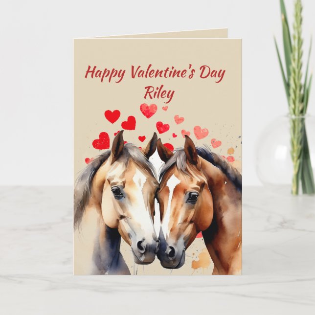 Cartes Pour Fêtes Annuelles Nom personnalisé Love Cute Horses Coeurs animaux (Devant)