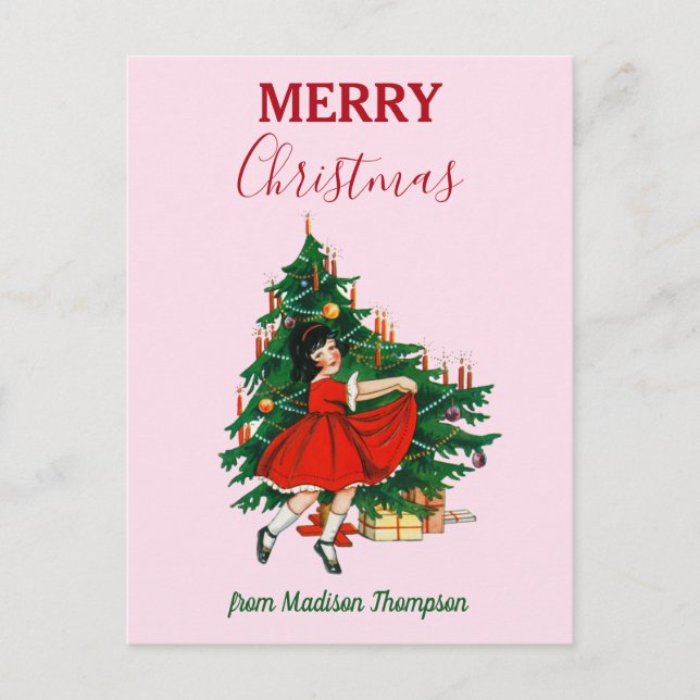 Cartes Pour Fêtes Annuelles Nom personnalisé Rétro Noël Fille Noël Arbre rose (Devant)