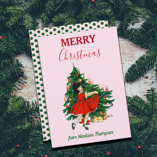 Cartes Pour Fêtes Annuelles Nom personnalisé Rétro Noël Fille Noël Arbre rose