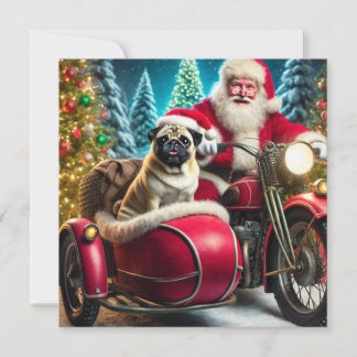 Cartes Pour Fêtes Annuelles Norman T Pug avec le Père Noël et side-car